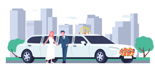 Wedding couple stands outside limousine against backdrop of city. Luxury automobile. Marriage ceremony celebration. Auto transportation. Newlyweds holiday. Wife and husband. Vector concept