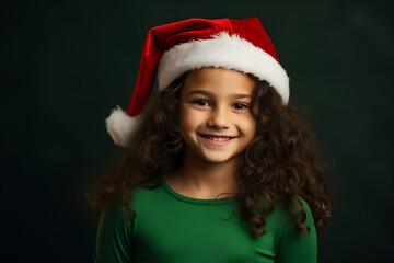 smiling girl in red Christmas santa hat, isolated on plain background