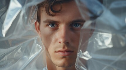 A man wearing a plastic bag over his head. This image can be used to represent suffocation, danger, mental health issues, or environmental concerns