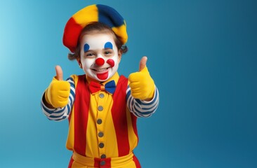young little clown showing thumbs up in a colorful costume on yellow