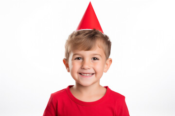 boy with red festive cone on her head, white background