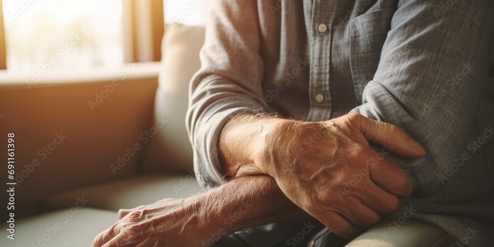 Aufkleber Close up of a person's hands resting on a chair. Suitable for various themes and concepts