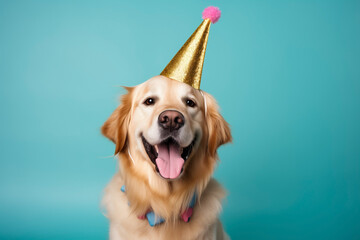 happy golden retriever dog in wearing party golden cone hat celebration birthday, on pastel background