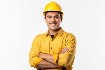 smiling male worker in yellow helmet, arms crossed on his chest, isolated on white background