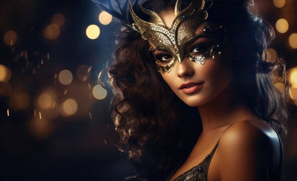 A Beautiful Woman In A Mask On A Dark Background