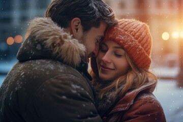 A romantic image of a man and a woman embracing in a beautiful snowy setting. Perfect for illustrating love, winter romance, or holiday-themed concepts