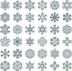 Snowflake christmas icons set. Outline set of snowflake christmas vector icons thin line color flat on white