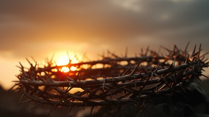 Fototapeta premium A powerful image of a crown of thorns set against a captivating sunset. Perfect for religious and spiritual themes, as well as symbolizing pain, sacrifice, and redemption.