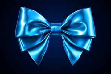 neon foil bow decoration holiday, blue color metallic, isolated on black background