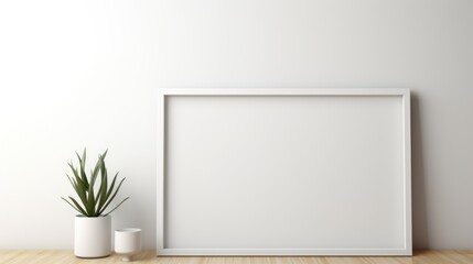 A picture frame placed beside a potted plant. Suitable for home decor or interior design concepts