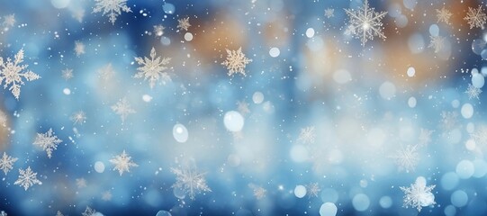 Fototapeta na wymiar Abstract Blue and Gold Christmas Background with Snowflakes and Bokeh Lights