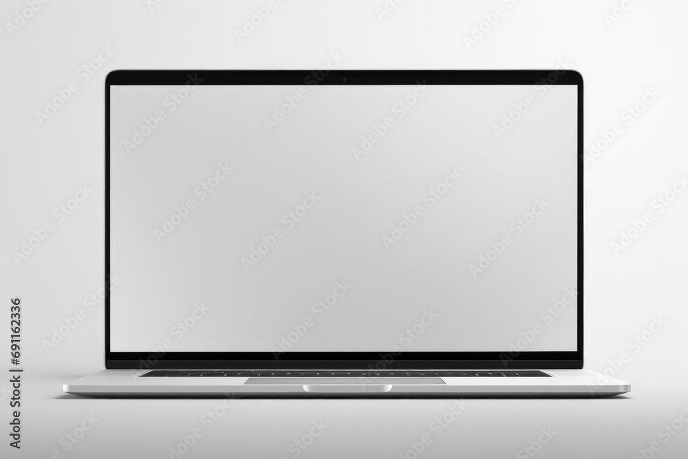 Poster A laptop computer with a blank screen sitting on a table. Suitable for various technology-related concepts and presentations