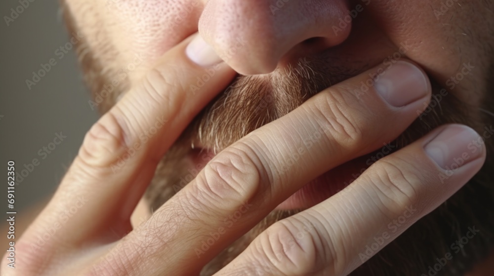 Poster a close-up view of a person with a beard. this image can be used to depict masculinity, fashion, or 