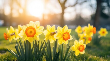 A bright and cheerful image of yellow daffodils with a blurred background of green grass