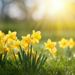 A bright and cheerful image of yellow daffodils with a blurred background of green grass