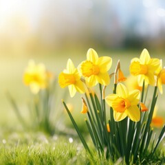 Fototapeta premium A bright and cheerful image of yellow daffodils with a blurred background of green grass
