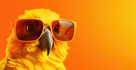 a bright yellow bird wearing sunglasses on a orange background