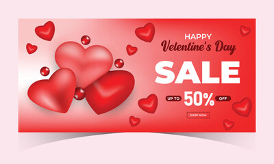 Valentine's Day Super Sale web banner or Post with hearts background. Discount Promotion, and shopping template. Happy Valentine's Day Concept with Big Sale Header Hanging Hearts Template