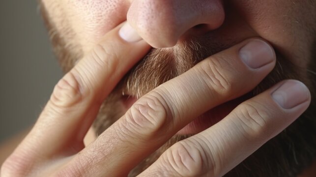 A close-up view of a person with a beard. This image can be used to depict masculinity, fashion, or personal grooming