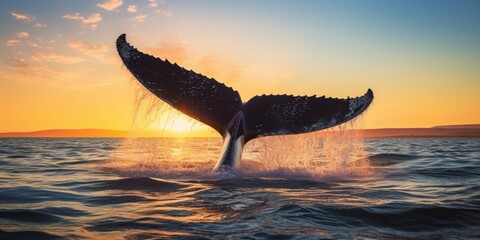 Fototapeta premium A stunning image capturing the majestic moment when a whale's tail emerges from the water at sunset. Perfect for nature enthusiasts and ocean lovers.