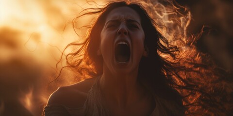 A woman with her mouth open and her hair blowing in the wind. Perfect for expressing surprise, excitement, or freedom