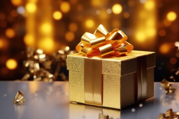 A gold gift box with a beautiful bow on top. Perfect for any special occasion or celebration