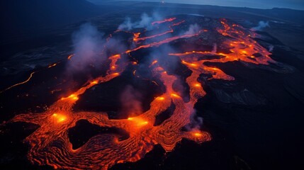 Captivating aerial perspective capturing the molten lava streaming from the Litli-Hrutur (Little Ram) Volcano during a vivid eruption at night in the Fagradalsfjall volcanic region