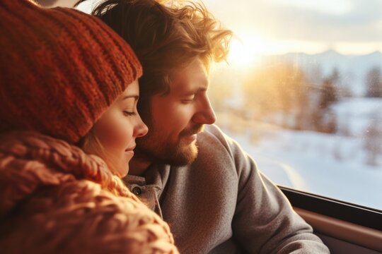 A Picture Of A Man And A Woman Standing Together And Looking Out A Window. Can Be Used To Depict Curiosity, Anticipation, Or A Moment Of Reflection