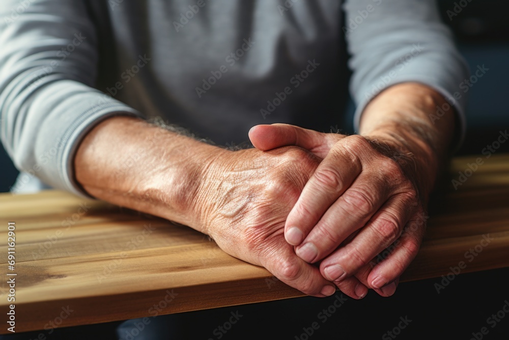 Poster A close-up view of a person's hands resting on a table. This image can be used to depict concepts such as work, productivity, creativity, or relaxation