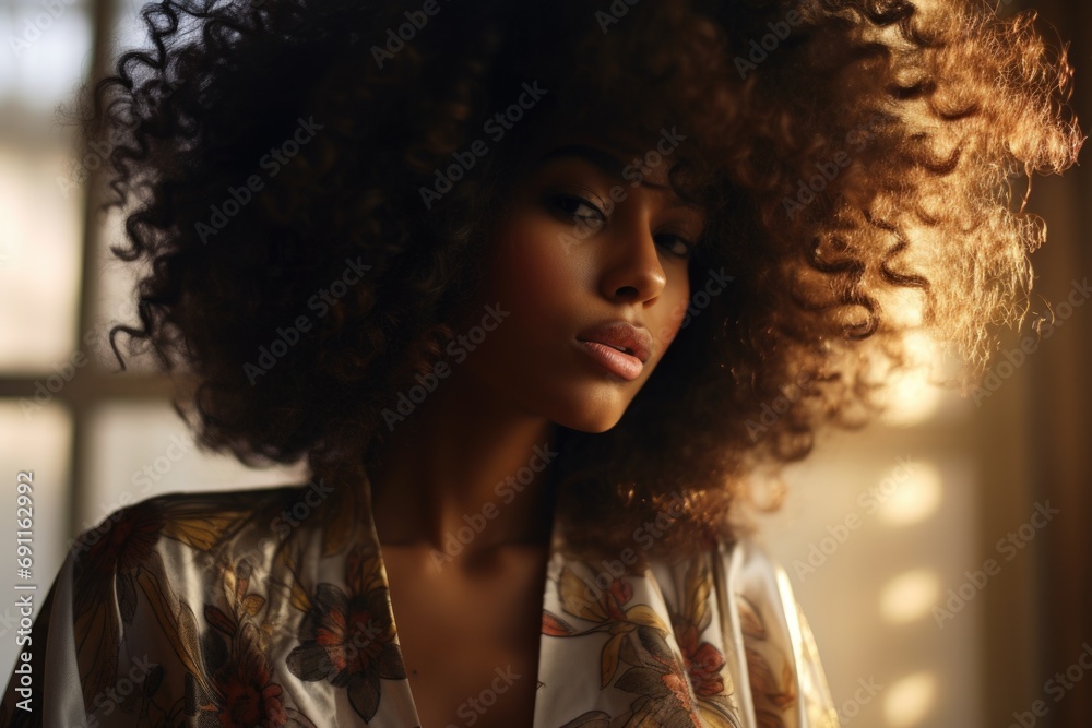 Poster a woman with curly hair standing in front of a window. this image can be used to depict introspectio