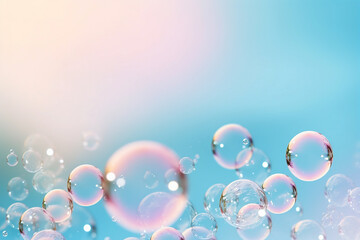 Soap bubbles floating in the air on pastel gradient background. Iridescent bubbles. Dreaming, fun and joy concept. Abstract pc desktop wallpaper. Cleaning and washing theme - obrazy, fototapety, plakaty