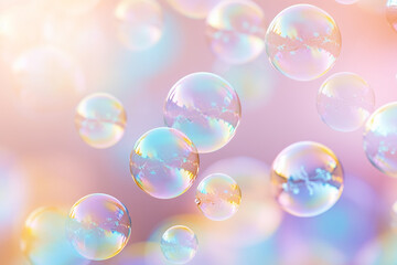 Soap bubbles floating in the air on pastel gradient background. Iridescent bubbles. Dreaming, fun and joy concept. Abstract pc desktop wallpaper. Cleaning and washing theme