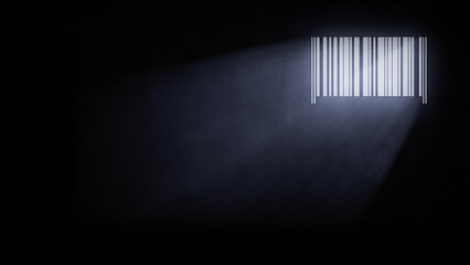 Barcode as a jail or prison window bars, rays of light come through the window into a dim cell. Abstract conceptual illustration with copy space. - obrazy, fototapety, plakaty