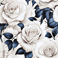 Seamless Pattern Two-Tone Blue and White Rose   - Generative Ai