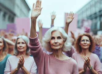 Elder senior women at feminist protest raising her hand in solidarity with international women day - obrazy, fototapety, plakaty