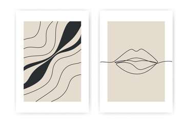 Set of modern minimalist wall posters with abstract collage and lips in one line art style in black beige tones about love. Vector illustration EPS10