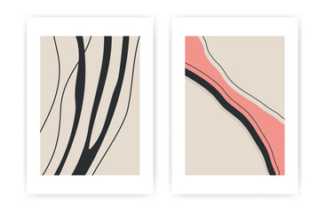 Set of modern minimalist wall posters with abstract collage in red black pink beige tones.. Vector illustration EPS10