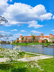 View of Wawel castle and Vistula river on sunny spring day, Krakow, Poland