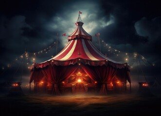 a circus tent at night with a red tent against white background