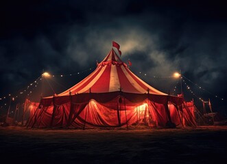 a circus tent at night with a red tent against white background