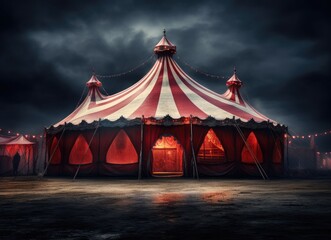 a circus tent at night with a red tent against white background - obrazy, fototapety, plakaty