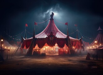 a circus tent at night with a red tent against white background