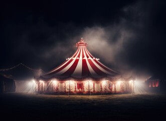 a circus tent at night with a red tent against white background