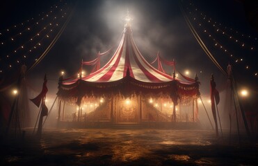 a circus tent at night with a red tent against white background - obrazy, fototapety, plakaty