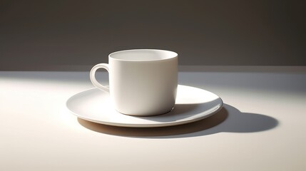  a white coffee cup sitting on top of a white saucer on top of a saucer on top of a white plate on top of a white counter top of a table.