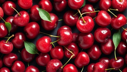 Graphite background with juicy red cherries. Berry organic summer red texture. Delicious cherry berries with green leaves. A voluminous pattern of elements. Desktop wallpapers.