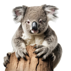 a Koala bear on a branch, front view, isolated and transparent PNG in a Nature-themed, photorealistic illustration. Generative ai