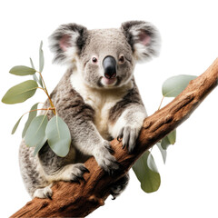 a Koala bear in a Eucalyptus tree, front view, isolated and transparent PNG in a Nature-themed, photorealistic illustration. Generative ai