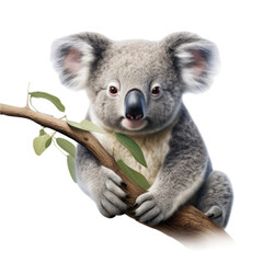 Naklejka premium a Koala bear in a Eucalyptus tree, front view, isolated and transparent PNG in a Nature-themed, photorealistic illustration. Generative ai