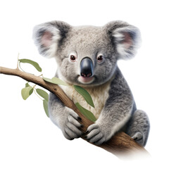 a Koala bear in a Eucalyptus tree, front view, isolated and transparent PNG in a Nature-themed, photorealistic illustration. Generative ai